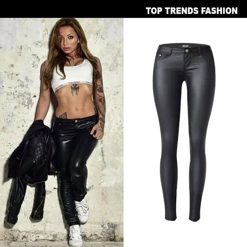 Damen-Lederhose mit niedrigem Bund – Stretch-PU-Kunstleder Bleistifthose